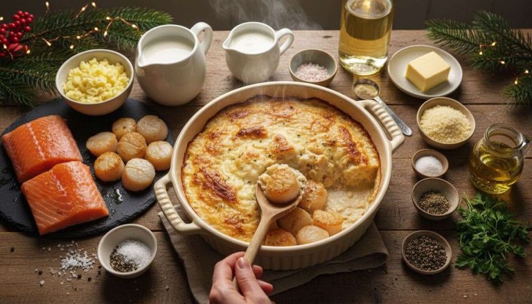 Ce gratin de Noël saumon et Saint‑Jacques fera l’unanimité : onctueux, savoureux, et parfait pour un dîner festif